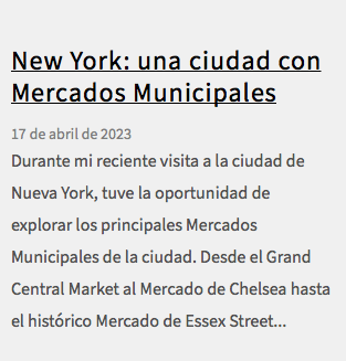 &nbsp;New York: una ciudad con Mercados Municipales 17 de abril de 2023 Durante mi reciente visita a la ciudad de Nueva York, tuve la oportunidad de explorar los principales Mercados Municipales de la ciudad. Desde el Grand Central Market al Mercado de Chelsea hasta el histórico Mercado de Essex Street...