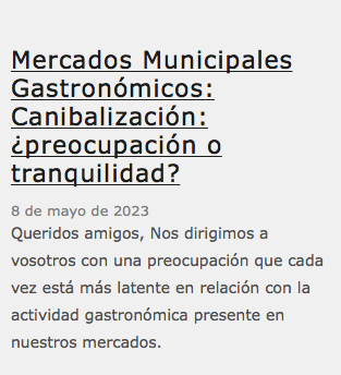 &nbsp;Mercados Municipales Gastronómicos: Canibalización: ¿preocupación o tranquilidad? 8 de mayo de 2023 Queridos amigos, Nos dirigimos a vosotros con una preocupación que cada vez está más latente en relación con la actividad gastronómica presente en nuestros mercados. 
